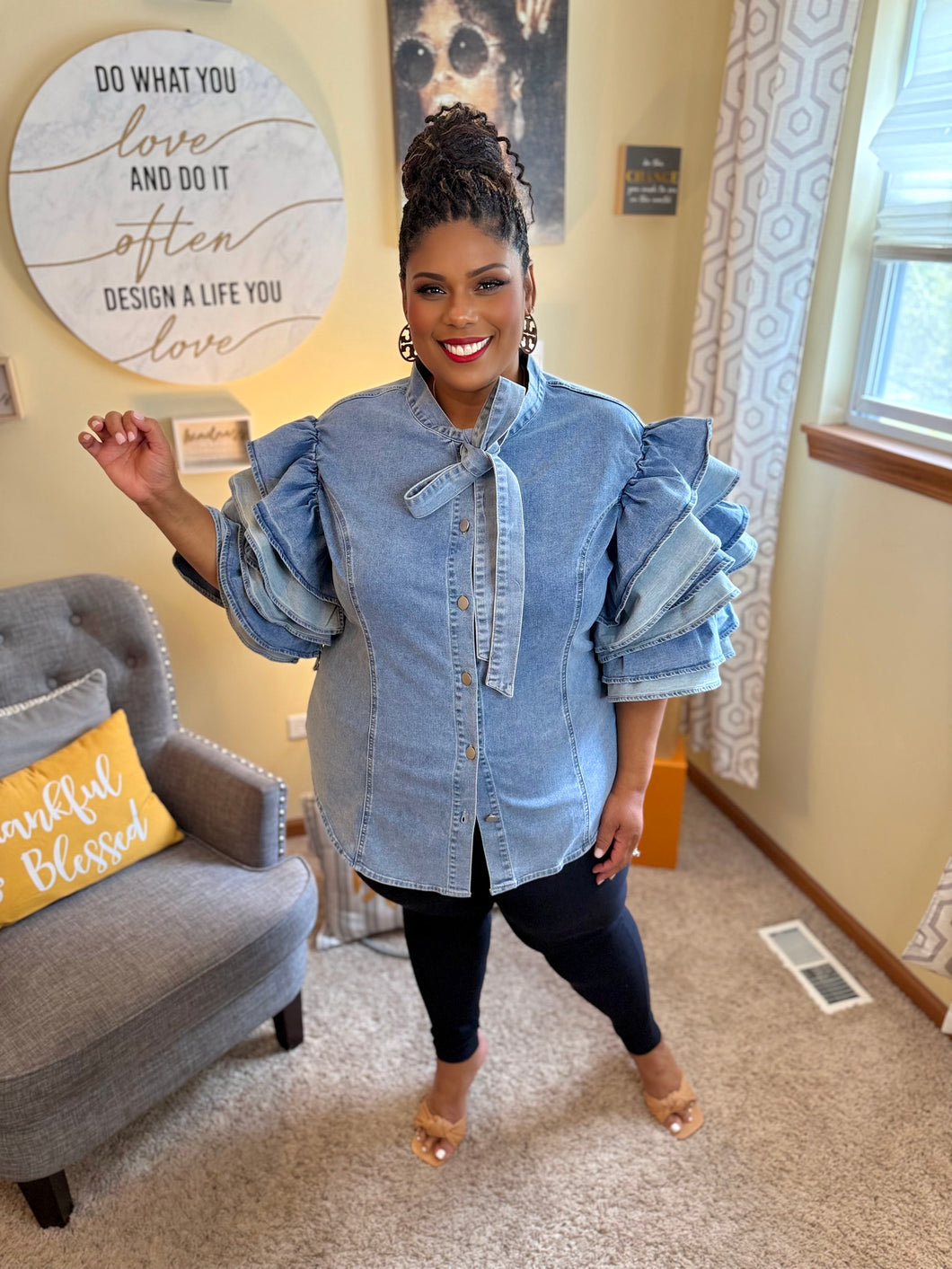 V's Denim Ruffle Blouse